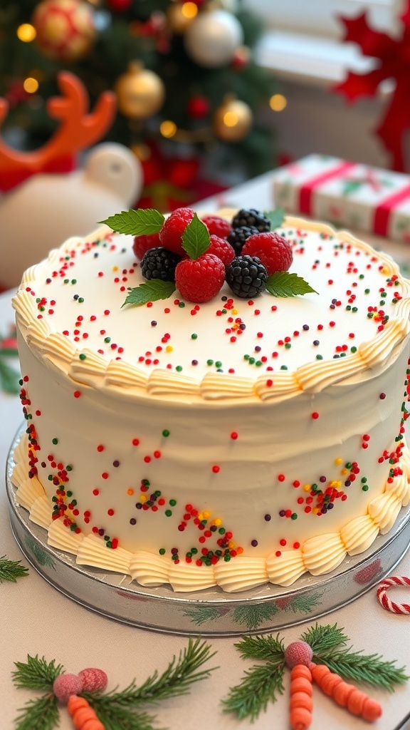 A one-layer Christmas cake with white buttercream frosting, decorated with sprinkles and berries, on a festive table.